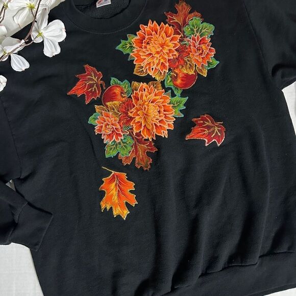 Vintage Jerzees Fall Autumn Leaves Puffy Glitter Paint 90s Crewneck Sweatshirt - Picture 4 of 9